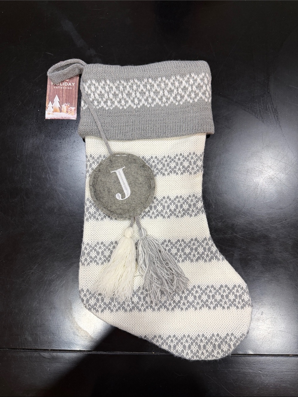 Neutral Gray & Cream Knit Holiday Stocking with Monogram Accent